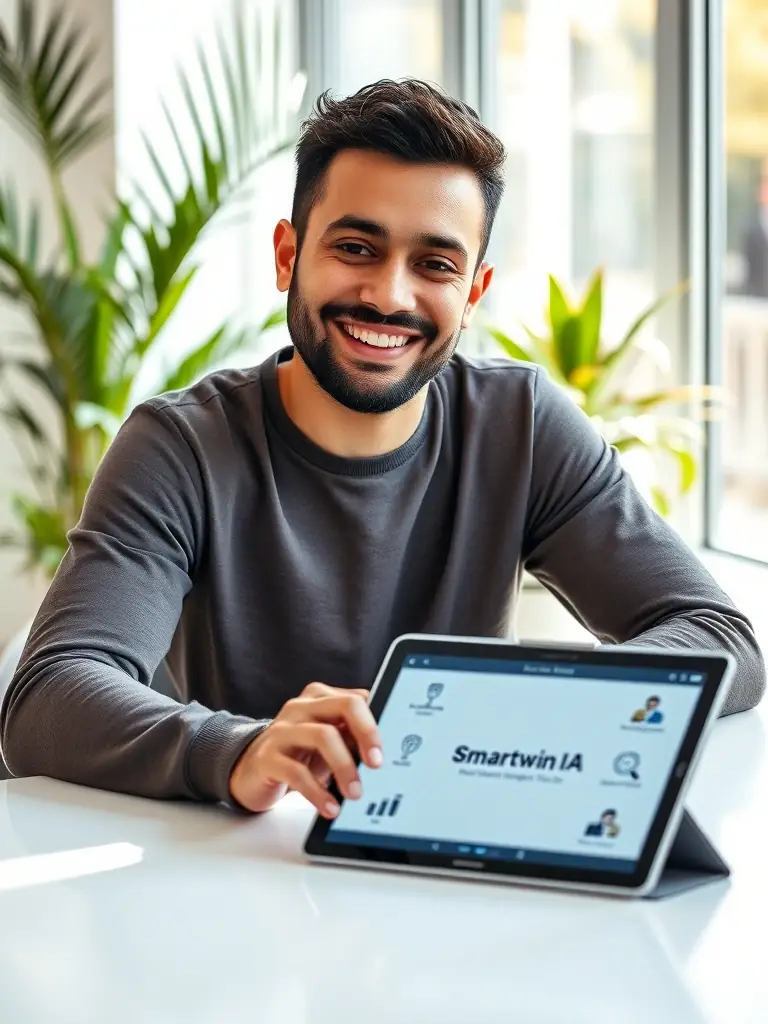 A person smiling confidently while looking at their SmarTwin IA digital twin on a tablet, showcasing the motivation and visual progress tracking.