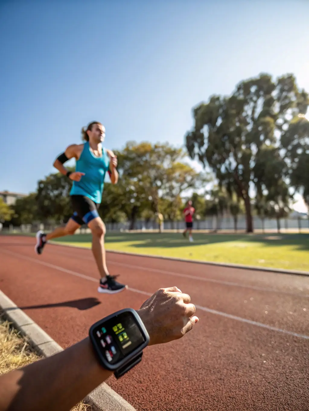 A person using a fitness tracker while running outdoors, showcasing the real-time data integration of SmarTwin IA.