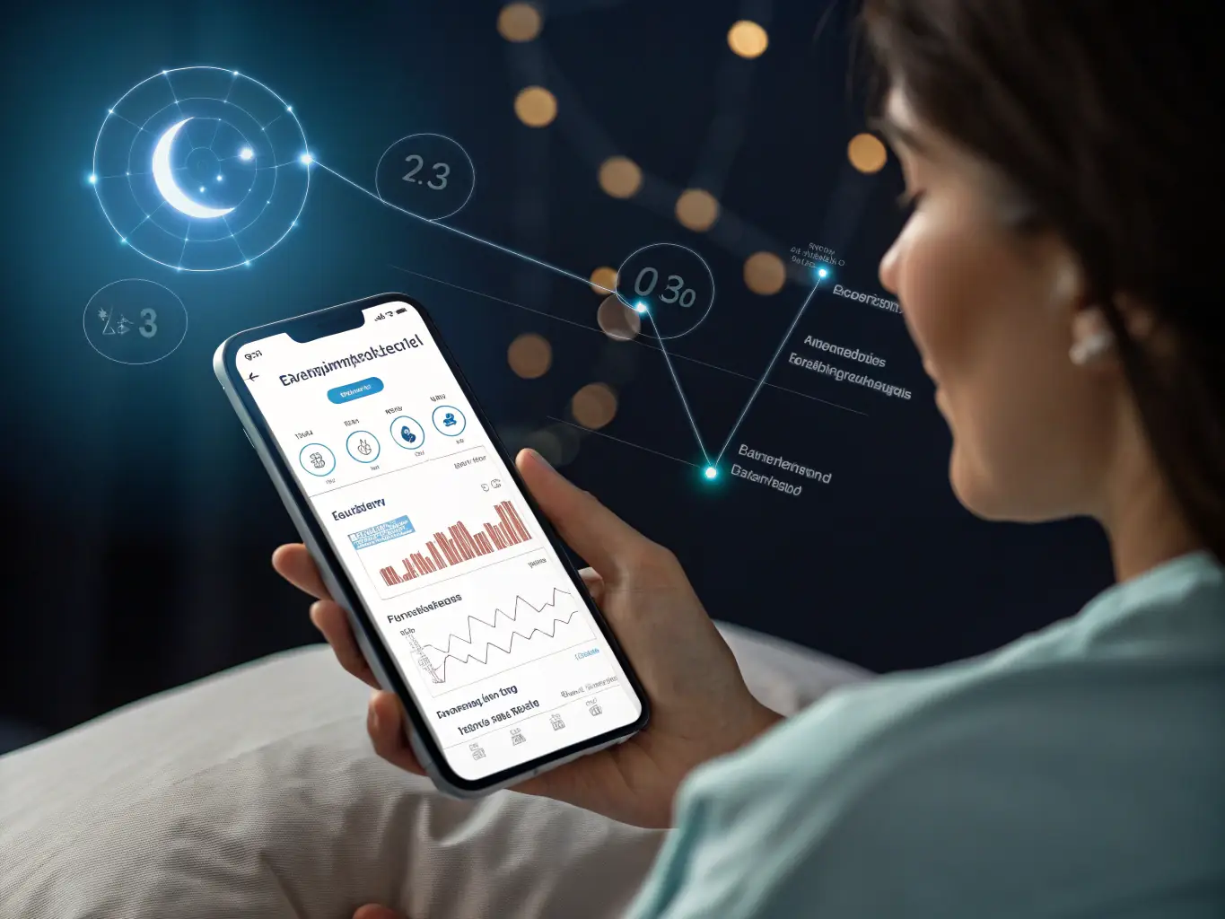 A high-quality 3D render illustrating sleep analysis data within the S.I.G.M.A. platform, highlighting sleep stages and quality metrics.