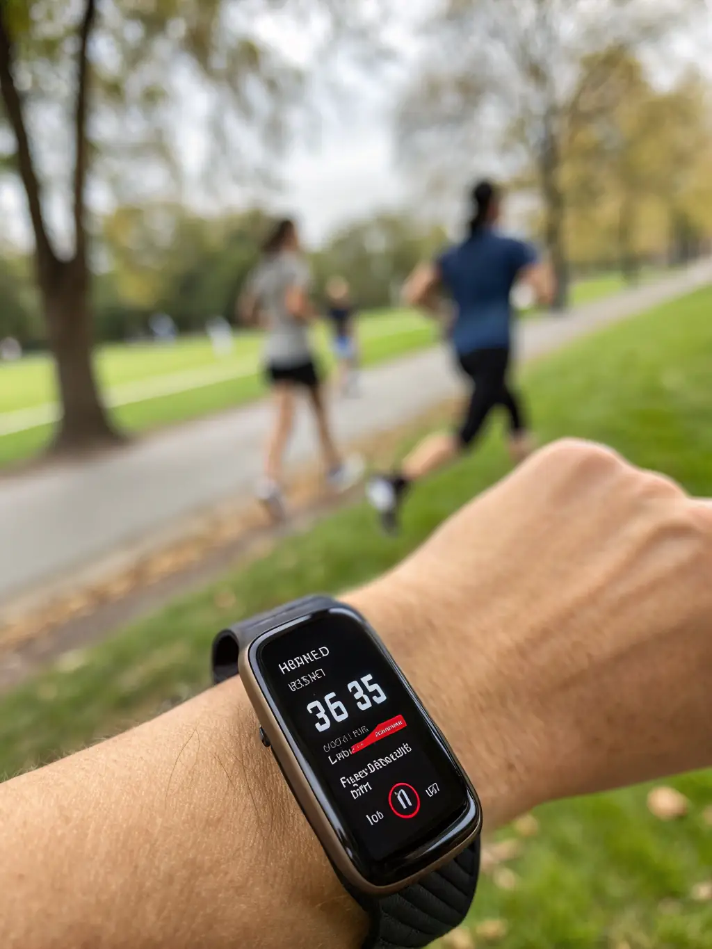 A person wearing a fitness tracker, running outdoors with a determined expression, showcasing improved fitness through Smartwin IA.