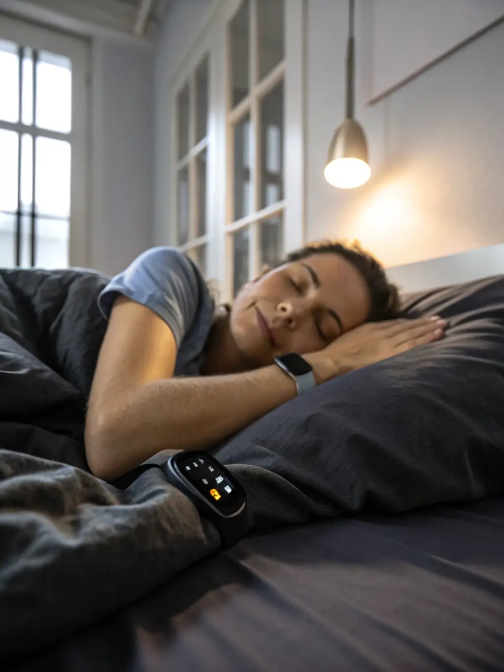 A person sleeping soundly, with a sleep tracker visible, demonstrating better sleep quality through Smartwin IA.