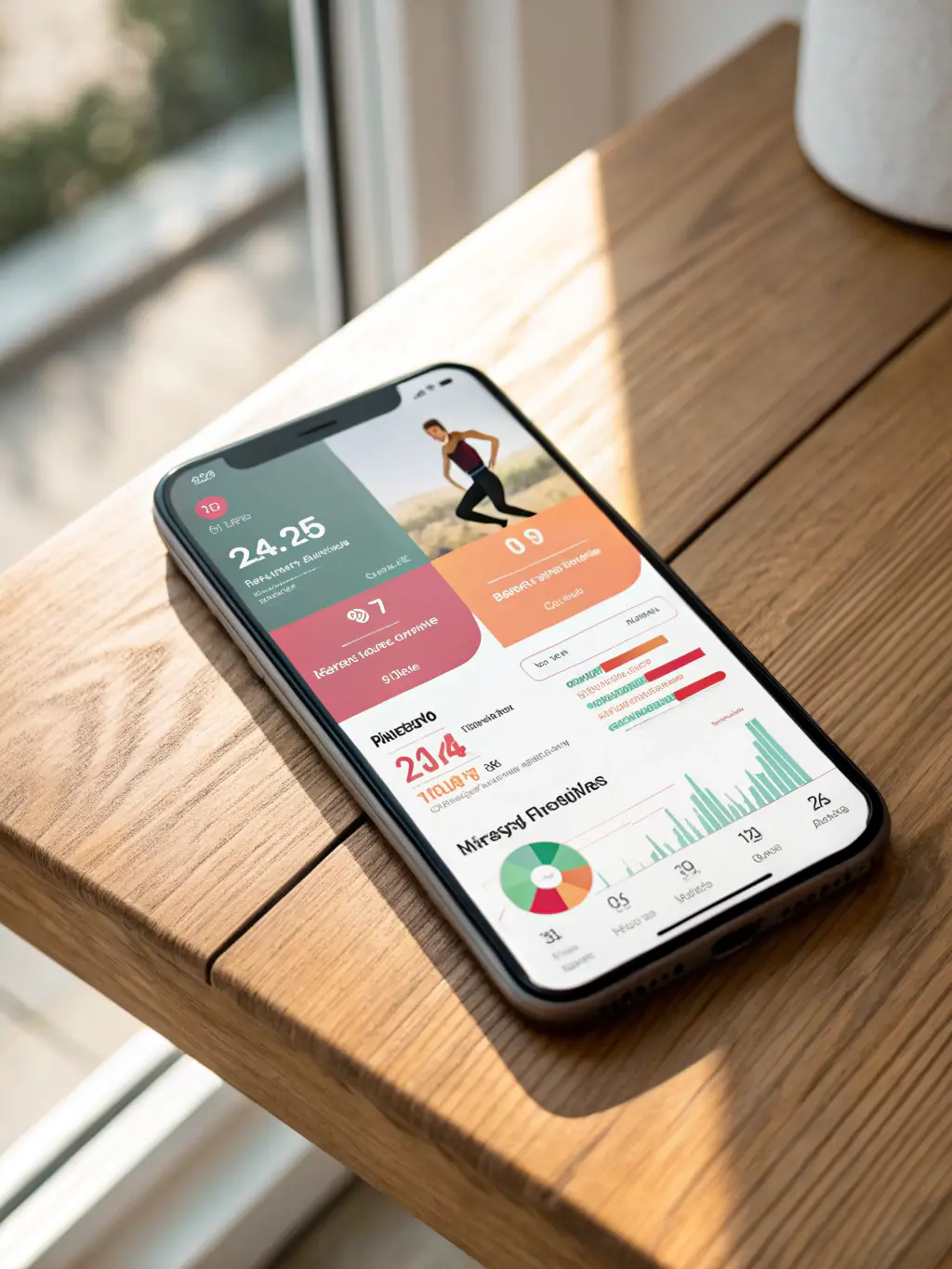 A person using the Smartwin IA app on their phone, showing a dashboard with biometric data and personalized insights.